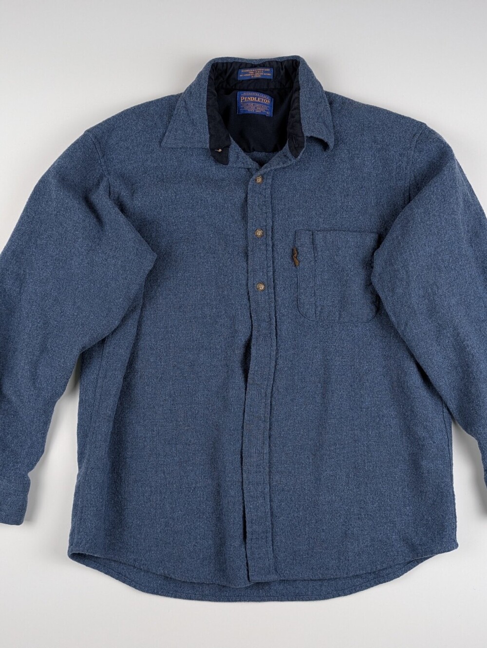 Vintage Pendleton L Blue Virgin Wool Flannel Suede Patches Cabincore Granola - Picture 3 of 10